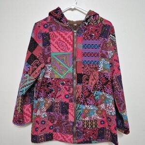 Women's 70s Boho Patchwork Hooded Jacket Zip-Up Multicolor Festival Size M